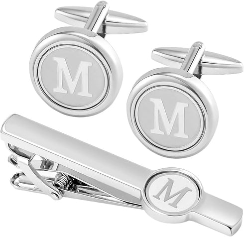 Silver Initial Cufflinks and Tie Clip Set for Men Stainless Steel Personalized Tuxedo Shirt Cuff Links Letter Alphabet A-Z Gift for Father Husband...