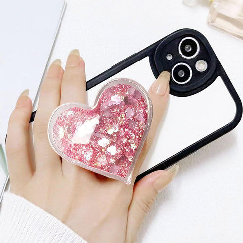 Cute Heart-Shaped Expanding Phone Grip - Pink Quicksand Glitter Collapsible Phone Mount Holder Stand for Girls Women, Lovely Phone Charm and Acces...