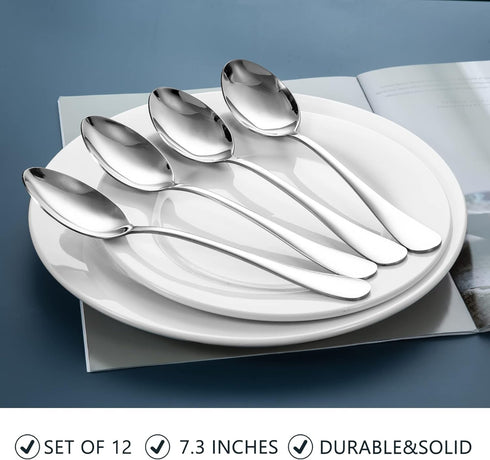 Stainless Steel Dinner Spoons Set,12 Piece 7.3" Spoons Silverware,Table Soup Spoons Set,Mirror Finish & Dishwasher Safe...