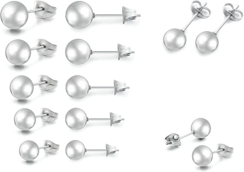 5 Pairs of Surgical Stainless Ball Stud Earrings 3,4,5,6, & 7mm...