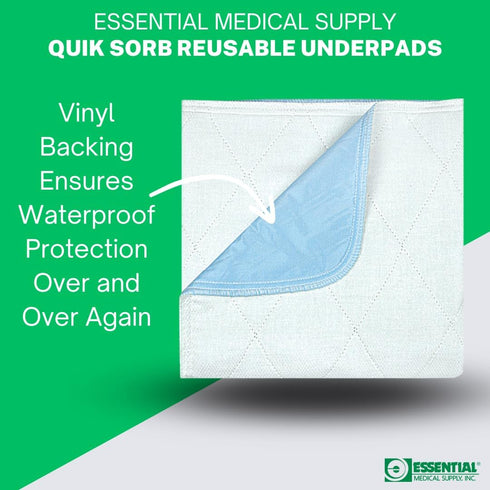 Essential Medical Supply Quik-Sorb 24" x 35" Quilted Birdseye Cotton Reusable Underpad - Waterproof Incontinence Bed Pads for Adults, Washable and...