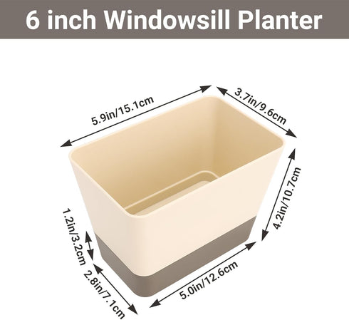 Planter Pot with Drainage, 1 Pack 6x3.8 Inch Herb Indoor Window Box with Tray, Modern Plastic Plant Flower Succulent Cactus Container for Windowsi...
