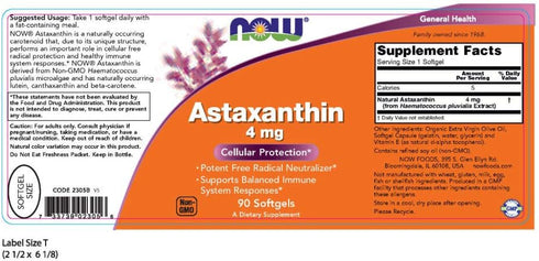 NOW Supplements, Astaxanthin 4 mg derived from Non-GMO Haematococcus Pluvialis Microalgae and has naturally occurring Lutein, Canthaxanthin and Be...