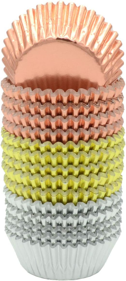 Mini Metallic Foil Paper Cupcake Liners/Baking Cups in Rose Gold, Gold and Silver, 300-Count...