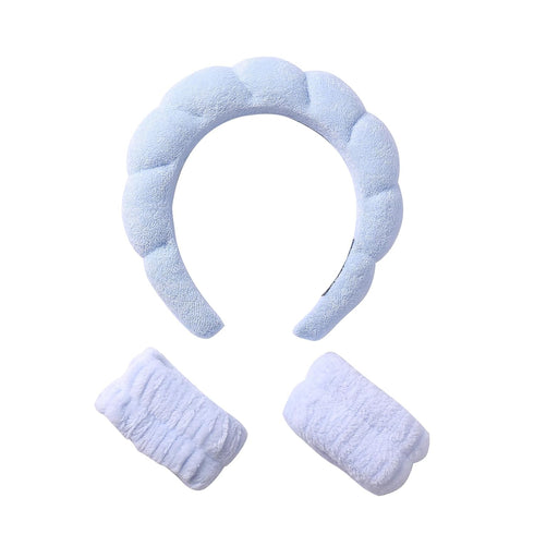 Skincare Headband and Wristband Set for Face Washing Spa Blue Bubble Soft Headbands for Women Makeup Skin Care Hairbands Sponge Terry Cloth Head B...
