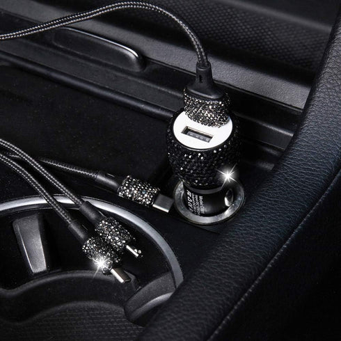 Bling Car Charger Accessories Set,Rhinestone Dual USB Car Chargers + Bling 3 in1 Nylon Braided Charging Cable,Bling Crystal Decoration Car Accesso...