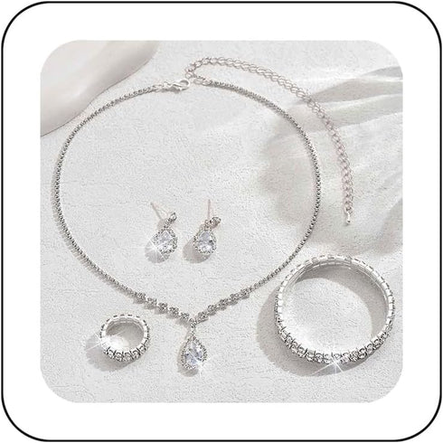 Unicra Bridal Wedding Jewelry Set Silver Rhinestone Necklace Earrings Bracelet Ring Sets Formal Costume Jewelry for Women and Brides...