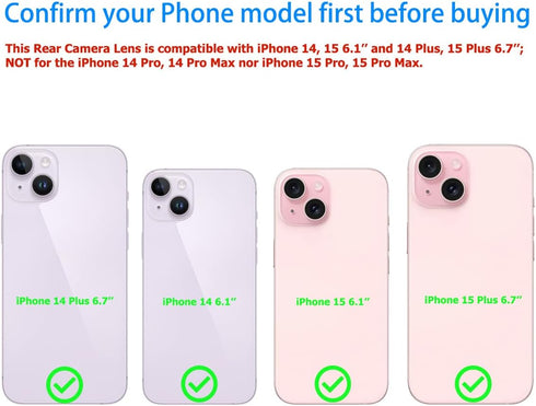 Rear Back Camera Lens Glass Replacement for iPhone 14, 14 Plus, 15 &15 Plus Pre-Installed Adhesive with Installation Manual and Repair Tool Kits (...
