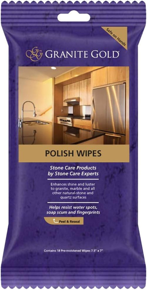 Granite Gold Polish Wipes Streak-Free Shine for Granite, Quartz, Marble, Travertine, Natural Stone Countertops, 18 Count, 1-Pack...