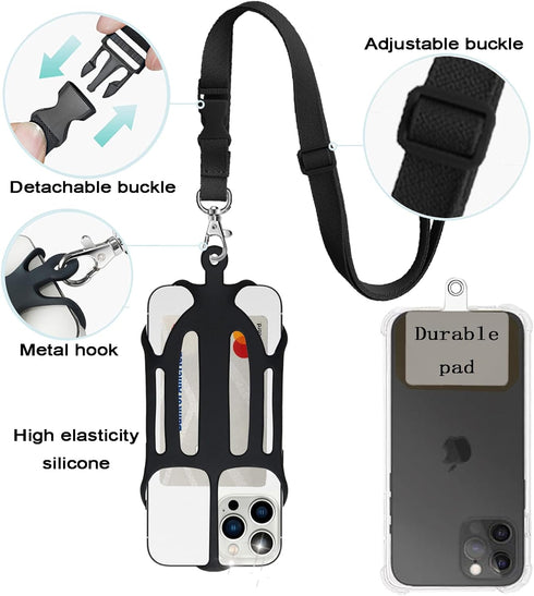 Phone Lanyard, Phone Lanyards for Around the Neck, 2 in 1 Phone Strap with Silicone Phone Holder and Patch, Fits iPhone and Most Cell Phones (Blac...