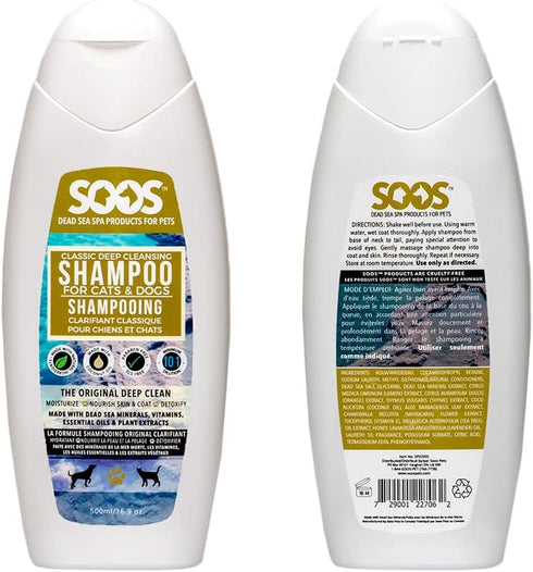 Soos Pet Dog Shampoo Classic Deep Cleansing Pet Shampoo Natural Dead Sea Minerals Fast Absorbing for Dogs and Cats - 1x Shampoo (500ml)...