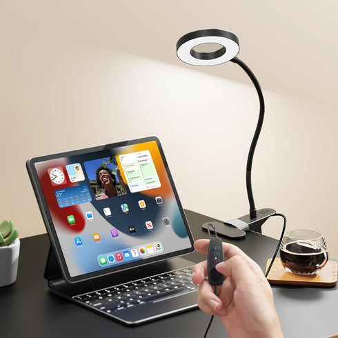 LED Desk Lamp Clip on Light with 3 Color Modes 10 Brightness Ring/Clamp Light 360° Flexible Gooseneck Dimmable Eye Protection Desk Light Desk Lamp...