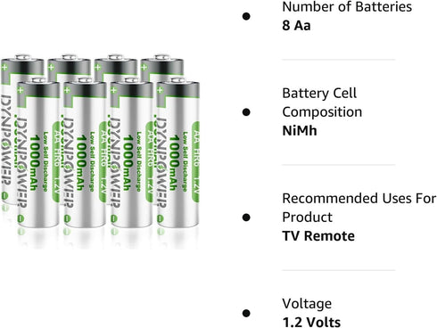 NiMH AA 1000mAh Rechargeable Batteries 1.2V,Pre-Charged Double A for Outdoor Solar Lights Garden Light String Lights, (Pack of 8)...
