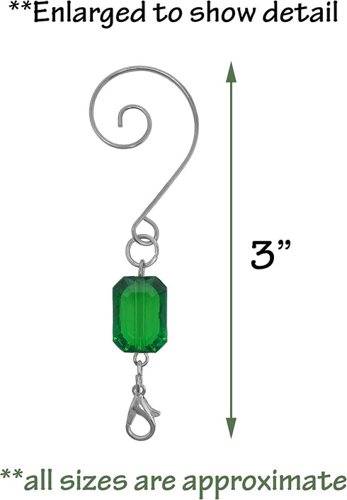 Christmas Ornament Hooks - Set of 20 Red and Green Acrylic Jewels - Silver Wire Ornament Hangers - Decorative Scroll S-Hook with Lobster Claws - H...