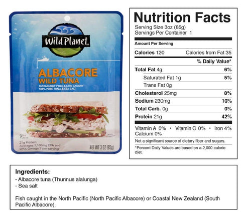 Wild Planet Wild Albacore Tuna, Sea Salt, Sustainably Wild-Caught, Kosher, Gluten Free, Keto and Paleo, 3rd Party Mercury Tested, 3 Ounce Pouch (P...
