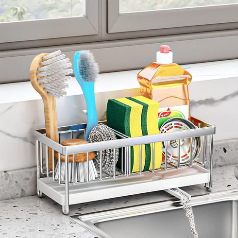 Kitchen Sink Caddy Sponge Holder Sink Caddy Organizer, 304 Stainless Steel Holder for Sink,Countertop with Removable Drain Tray with Diversion Dra...