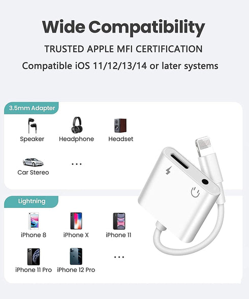 2 Pack Lightning to 3.5mm Headphones Adapter for iPhone 2 in 1 Aux Audio+Charge iPhone Splitter Compatible with iPhone 14/13/12/11/XS/XR/X/8/7/iPa...