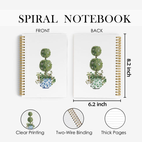 Blue and White Porcelain Spiral Notebook, Chinoiserie Journal, Green Topiary Trees 5.5"x8.3" 164pages Lined Notebooks College Ruled, Preppy Vintag...