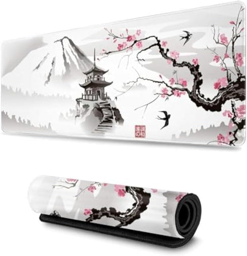 Japanese Cherry Blossom White Gaming Mouse Pad XL, Extended Large Mouse Mat Desk Pad, Stitched Edges Mousepad, Long Nonslip Rubber Base Mice Pad, ...