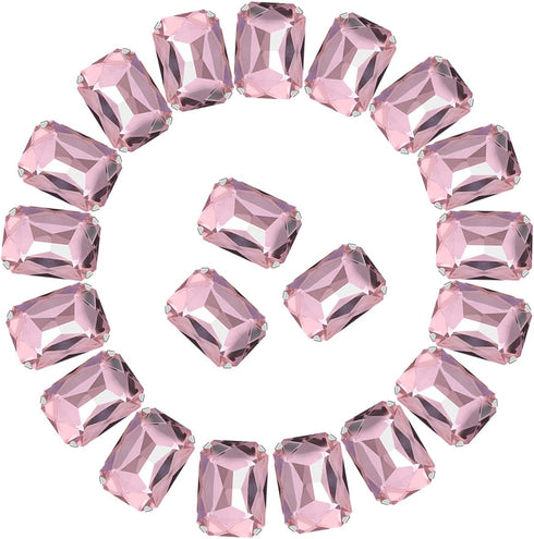 Sew on Rhinestones 50pcs Rectangle Octagon Shaped Rhinestones in Silver Settings Flatback Glass Rhinestone,13x18 mm,Pink...