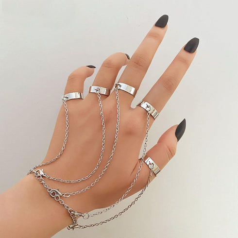 IFKM Vintage Silver Chain Finger Rings Bracelet, Gothic Punk Emo Cross Cool Simple Rings, Adjustable Statement Stackable Rings For Boy Wen Women...