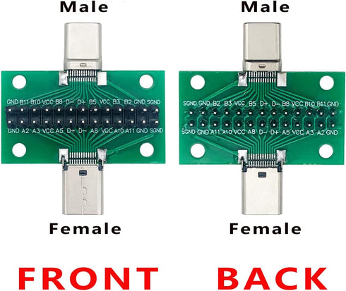 2 Pcs USB 3.1 Type-C Male to Female Test Board with PCB Board 24 Pins 2.54 mm Double-Sided Socket with pin Header Connector for Date Line Wire Cab...