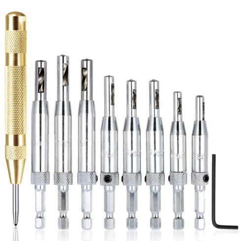 AFUNTA 8 pcs Center Drill Bit Sets with Automatic Center Punch, Self Centering Hinge Tapper Core Hole Puncher Woodworking Tools for Cabinet Door 5...