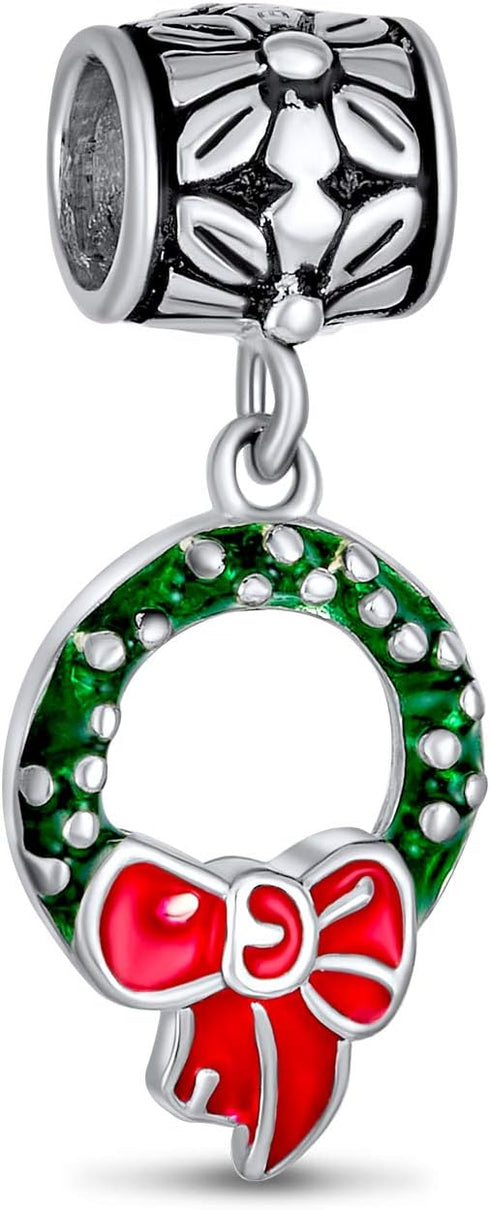 Green Christmas Holiday Red Bow Green Wreath Green Mistletoe Holly Dangle Charm Bead For Women Teen Enamel .925 Sterling Silver Fits European Brac...