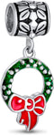 Green Christmas Holiday Red Bow Green Wreath Green Mistletoe Holly Dangle Charm Bead For Women Teen Enamel .925 Sterling Silver Fits European Brac...