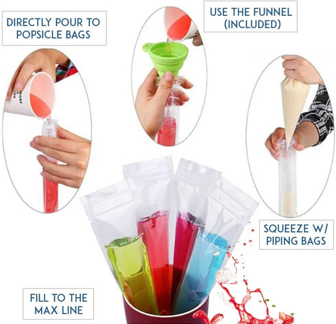 125 Disposable Ice Popsicle Mold Bags with funnel - BPA Free - Zip lock Freezer Tubes - For Healthy Snacks, Yogurt Sticks, Juice & Fruit Smoothies...
