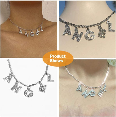 EARENT Sparkly Crystal Choker Necklace Silver Letter Pendant Necklaces Chain Glitter Rhinestone Jewerly Party Accessoriesfor Women (ANGEL)...