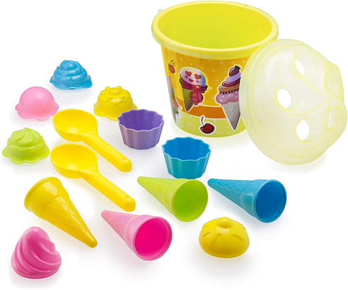 Top Race Beach Toys Set with Large 9'' Bucket Pail and Spade Scoop Shovels for Kids | 16pcs Yellow Ice Cream Playset for Kids & Toddlers Ages 1.5,...