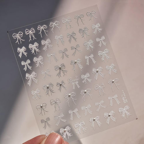 5D Embossed White Lace Bowknot Nail Art Stickers Pearl Bow Nail Stickers for Nail Art Supplies Retro Relief Bow Nail Decals Self-sdhsive Bow Stick...