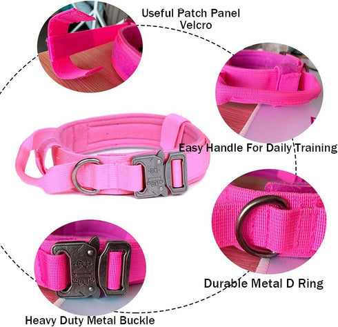 Tactical Dog Collar Military Dog Collar Adjustable Nylon Dog Collar Heavy Duty Metal Buckle with Handle for Dog Training (Pink,XXL)...