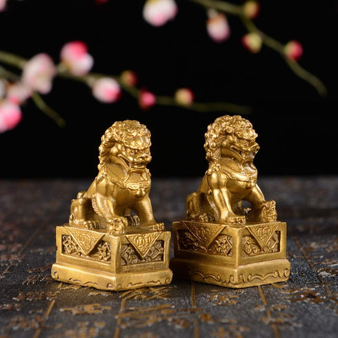 BRABUD 2.8in(H) Fengshui Brass Pair of Fu Foo Dogs Guardian Lion Statues Housewarming Congratulatory to Ward Off Evil Energy ZD099 Gold...