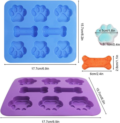 3 Pcs Silicone Molds Puppy Dog Paw & Bone Shaped 2 in 1, 8-Cavity, FineGood Reusable Ice Candy Trays Chocolate Cookies Baking Pans, Oven Microwave...