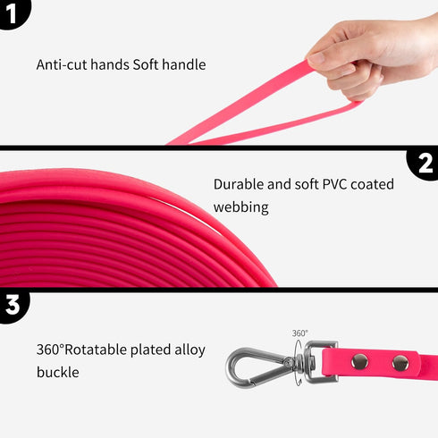 Dog Training Long Leash Waterproof Long Line Heavy Duty Outdoor Recall Lead 10ft 15ft 20ft 30ft 50ft for Small Medium Large Dog (20FT, Rose Pink)...