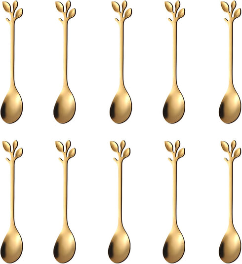 Stainless Steel Gold Leaf Coffee Spoons Creative Tableware Dessert Spoons Gold Serving Spoons Small Spoons for Condiments Mixing Sugar Stir Ice Cr...