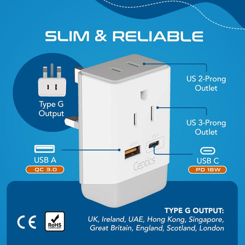 Ceptics UK Ireland Hong Kong Plug Adapter, International Power Plug with USB & USB-C - 2 USA Socket, QC 3.0 & PD - Type G Outlet Adapter for USA t...