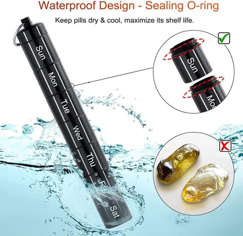 Pill Disperser Waterproof 7 Days Pill Holder Travel Pill Container Portable Medicine Keychain Daily Airtight Pill Organizer?Black)...