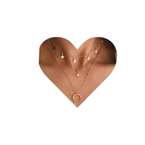 Boho Layered Star Necklace Choker Gold Crescent Moon Pendant Necklace Rhinestone North Star Necklace CZ Star Charm Festival Celestial Necklace Jew...