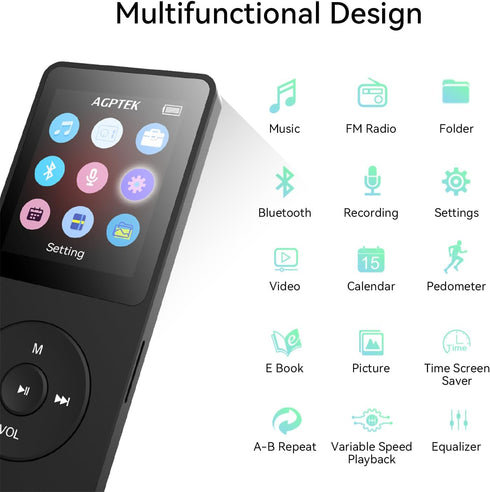AGPTEK A02X 32GB MP3 Player with Bluetooth 5.3, 1.8 inch Screen Portable Music Player with Speaker, FM Radio, Voice Recorder, Supports Expanded Up...