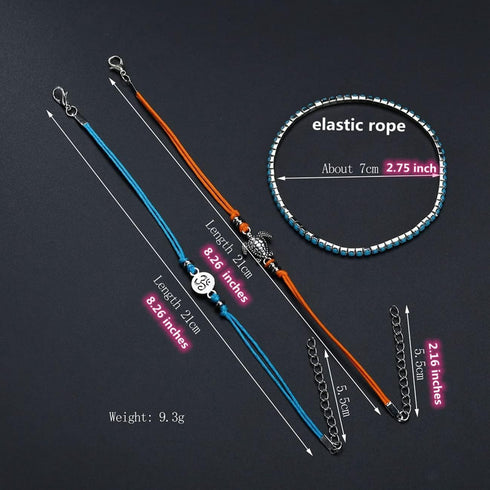 3 Pcs Multilayer Blue Beads Turtle Anklets for Women Men Foot Boho Handmade Adjustable Anklets...