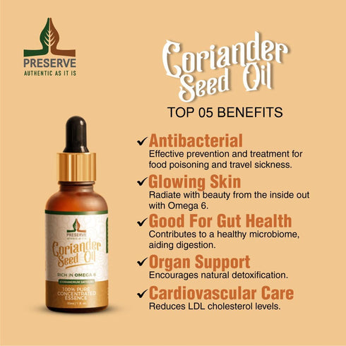 PRESERVE Coriander seed oil 100% pure natural Cold Pressed Concentrated essence oil 30ml (1.oz) Vegan plant based Omega 6 fatty acids Glass Bottle...