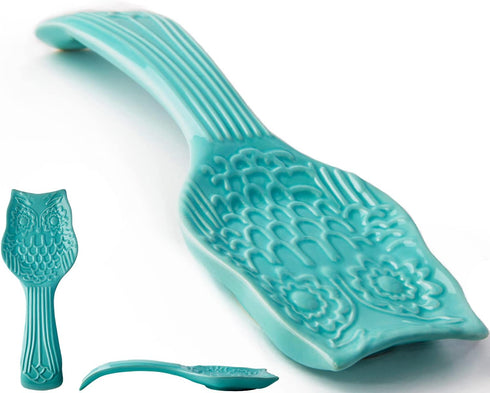 Decorative Owl Spoon Rest for Kitchen Countertop – Modern Farmhouse Spoon Holder for Stove in Lovely Aqua Blue, made with Chip-free Ceramic – Dish...