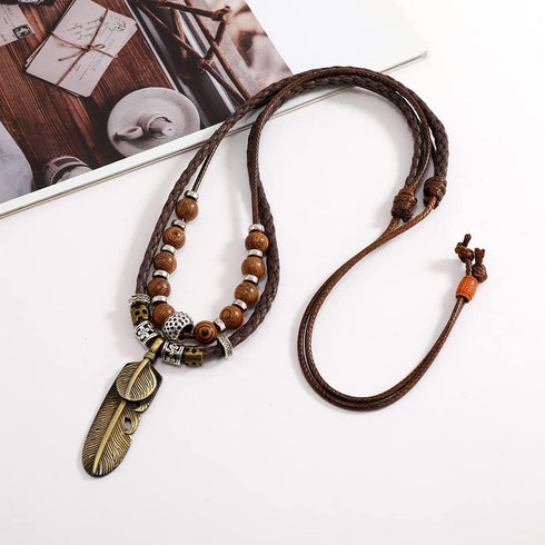 Men Leather Necklace Vintage Style Double Layers Braided Leather Tribal Necklace Boho Hipppie Beaded Artificial Feather Pendant Necklace for Daily...