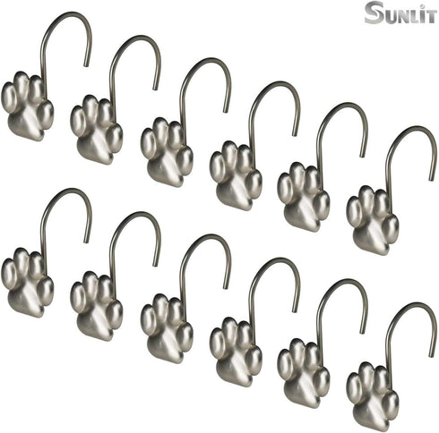Sunlit Fashion Design Cute Paw Print Polished Shower Curtain Hooks for Dog Cat and Bear, Rust Proof Oil Rubbed Metal Shower Curtain Rings-12 Pack...