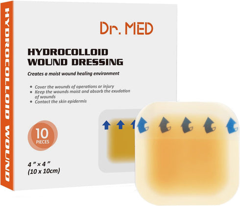 Dr. Med Hydrocolloid Wound Dressing 4"x4"-10 Pack/Box, Waterproof Adhesive Bordered Bandage, for Light Exudate, Abrasions, Pressure Ulcer, Bed Sor...