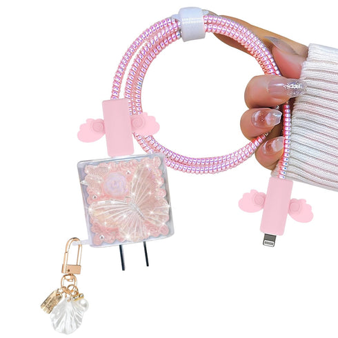 Glitter Cable Protector for Apple iPhone Charger with Pearl Chain Sparkle Pretty Cute Bling Flower Butterfly Design,Data Line USB Cover Wire Cord ...