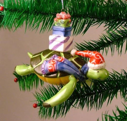 Cape Shore Sea Turtle Christmas Ornament Wearing a Santa Hat and Scarf, Carrying Presents on His Back, 6-inches, Ceramic, Multicolor...